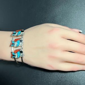 Vtg Silver 3 Owl Crushed Stone Inlay Cuff Bracelet Navajo / Zuni Style Jewelry
